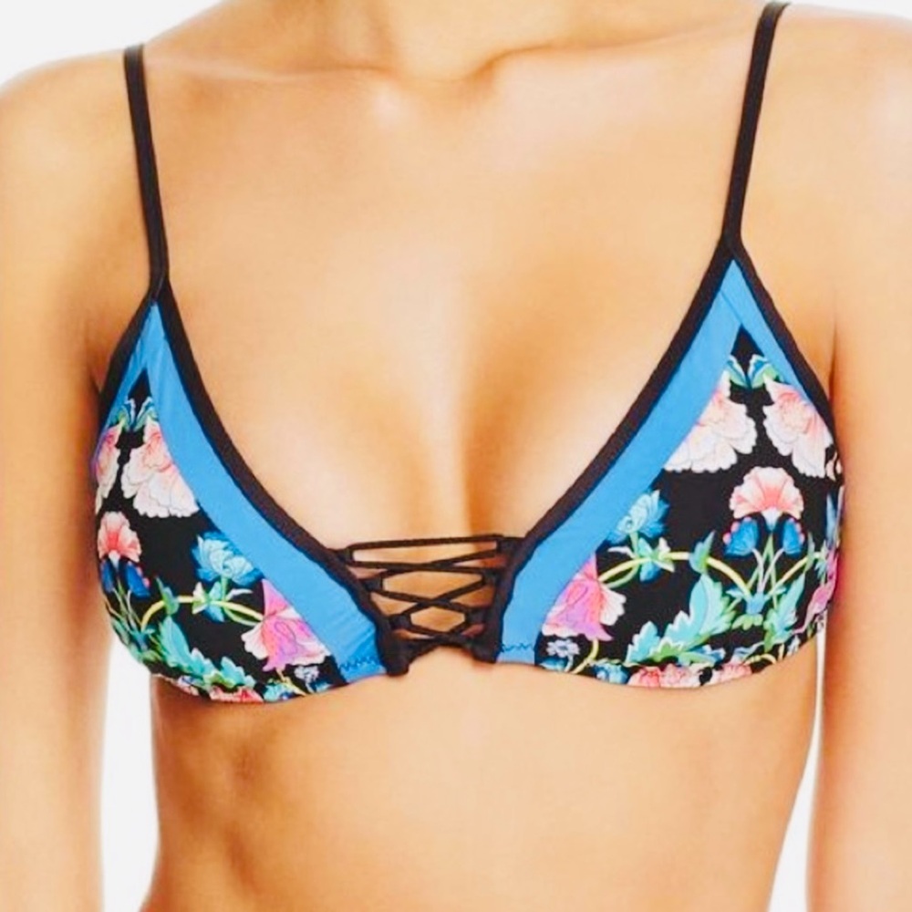 Nanette Lepore Black Floral Blue Trim Lace-Up Bikini Top